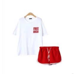 LS1295-red Baju Wanita Setelan T-shirt + Celana Modis